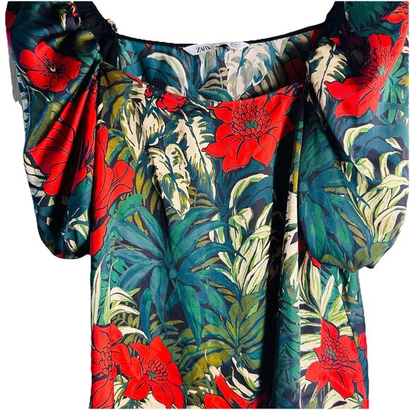 Zara Blouse Top Women's SZ S Floral Print Tropical Puff Sle Festival Chic Boho - Picture 9 of 10